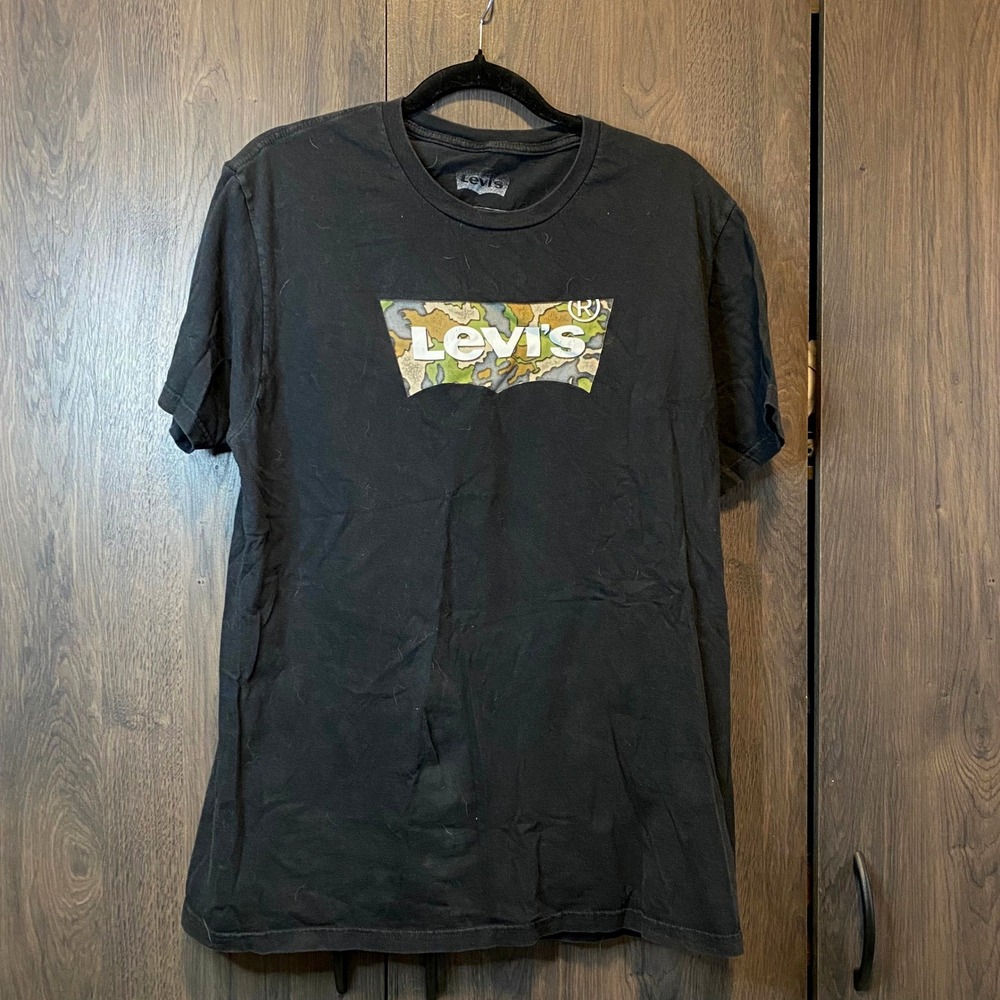 Levis Mens Camo Batwing Logo Graphic T-Shirt Black‎ Size L 100% Cotton